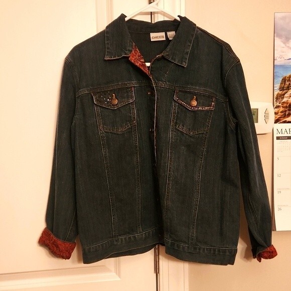 Chico's Other - Chico's Women's Denim Jacket w/ Red Paisley Accents Sequins Size 2 (12/L)